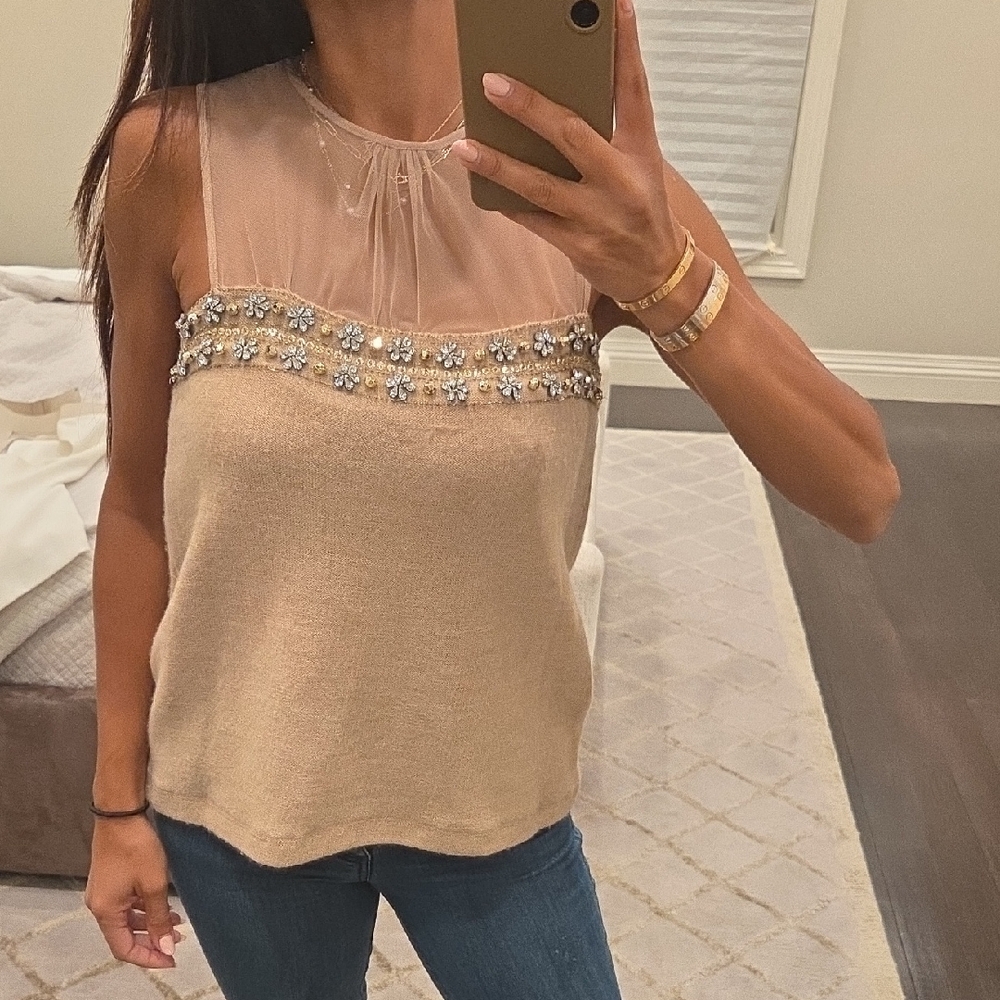 WOMEN'S TRACY REESE NEW YORK BEADED STONE MESH WOOL TOP SHIRT BLOUSE SZ M $275